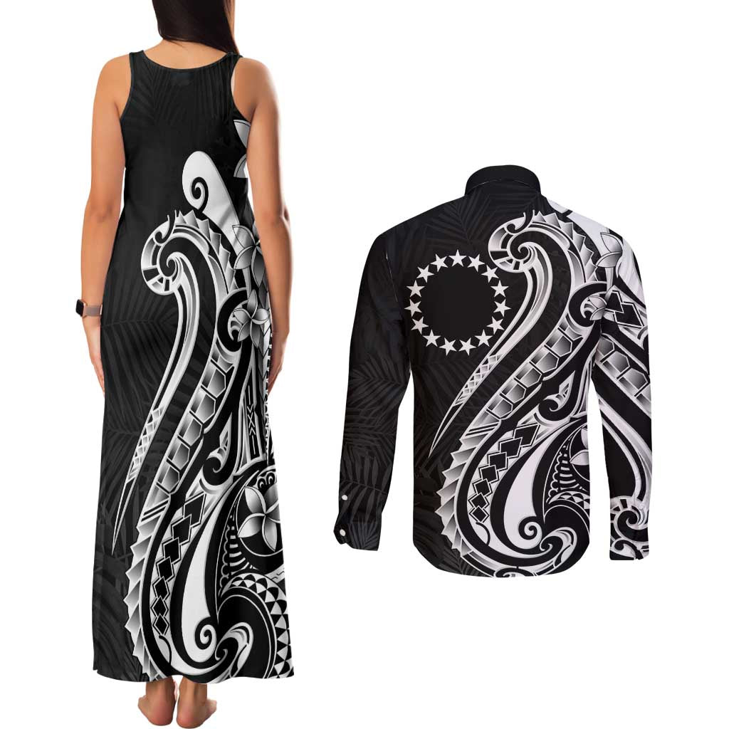 Kia Orana Cook Islands Couples Matching Tank Maxi Dress and Long Sleeve Button Shirt Kerekere Plumeria Tropical Waves - Polynesian Pride