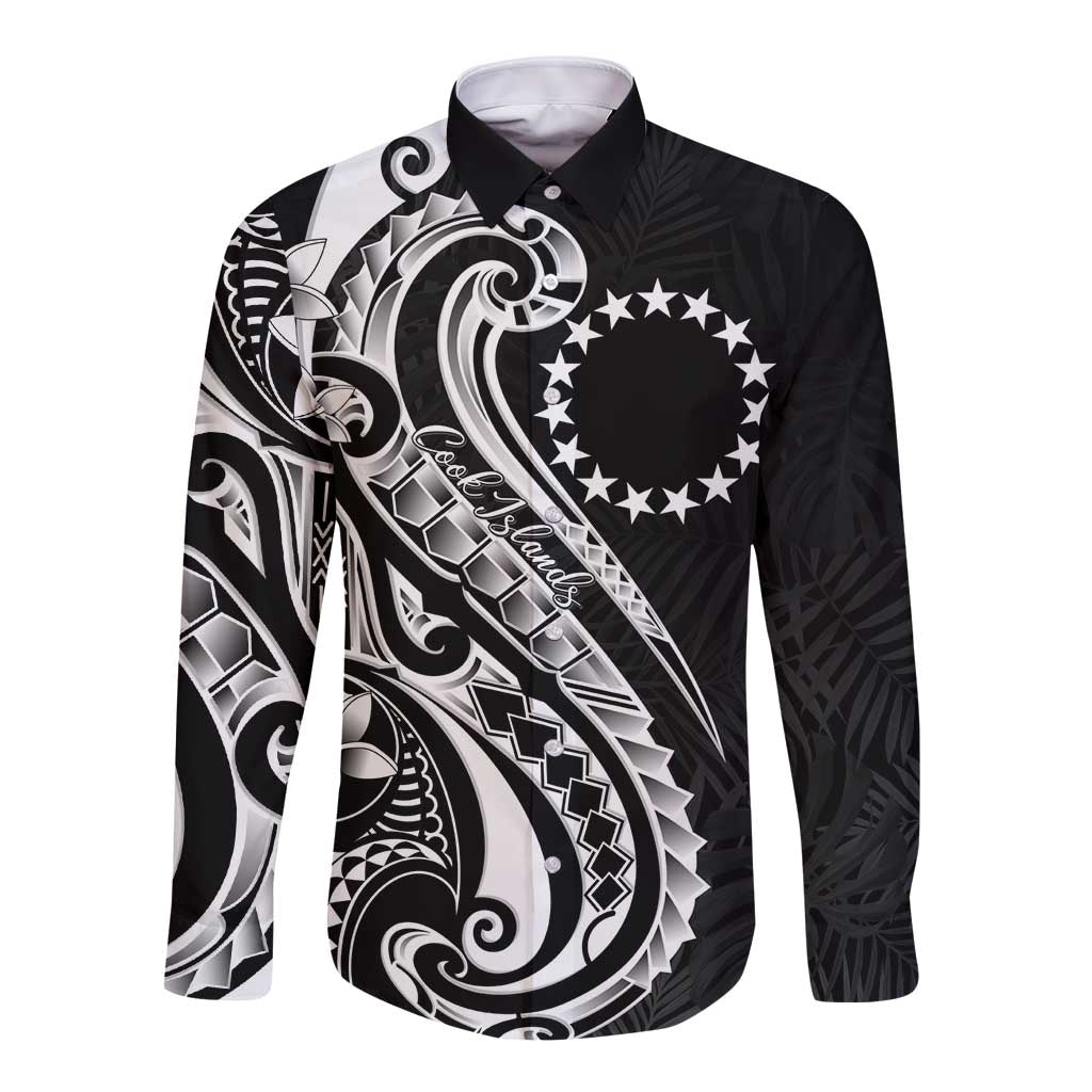Kia Orana Cook Islands Long Sleeve Button Shirt Kerekere Plumeria Tropical Waves LT7 Unisex Black - Polynesian Pride
