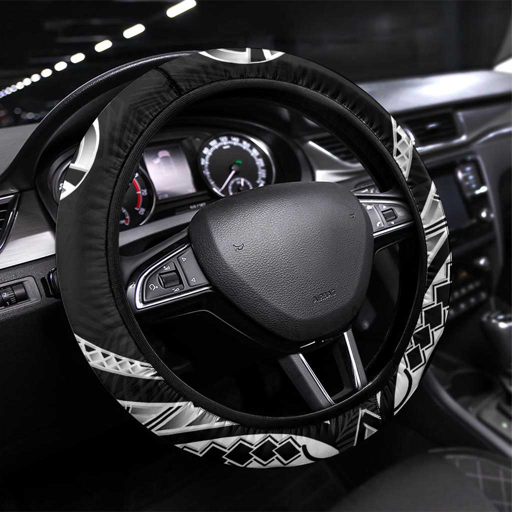Kia Orana Cook Islands Steering Wheel Cover Kerekere Plumeria Tropical Waves LT7 Universal Fit Black - Polynesian Pride