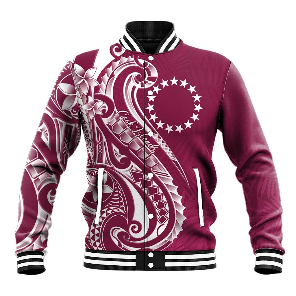 Kia Orana Cook Islands Baseball Jacket Maroon Plumeria Tropical Waves LT7 Unisex Maroon - Polynesian Pride