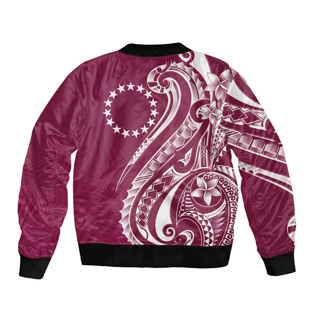 Kia Orana Cook Islands Bomber Jacket Maroon Plumeria Tropical Waves - Polynesian Pride