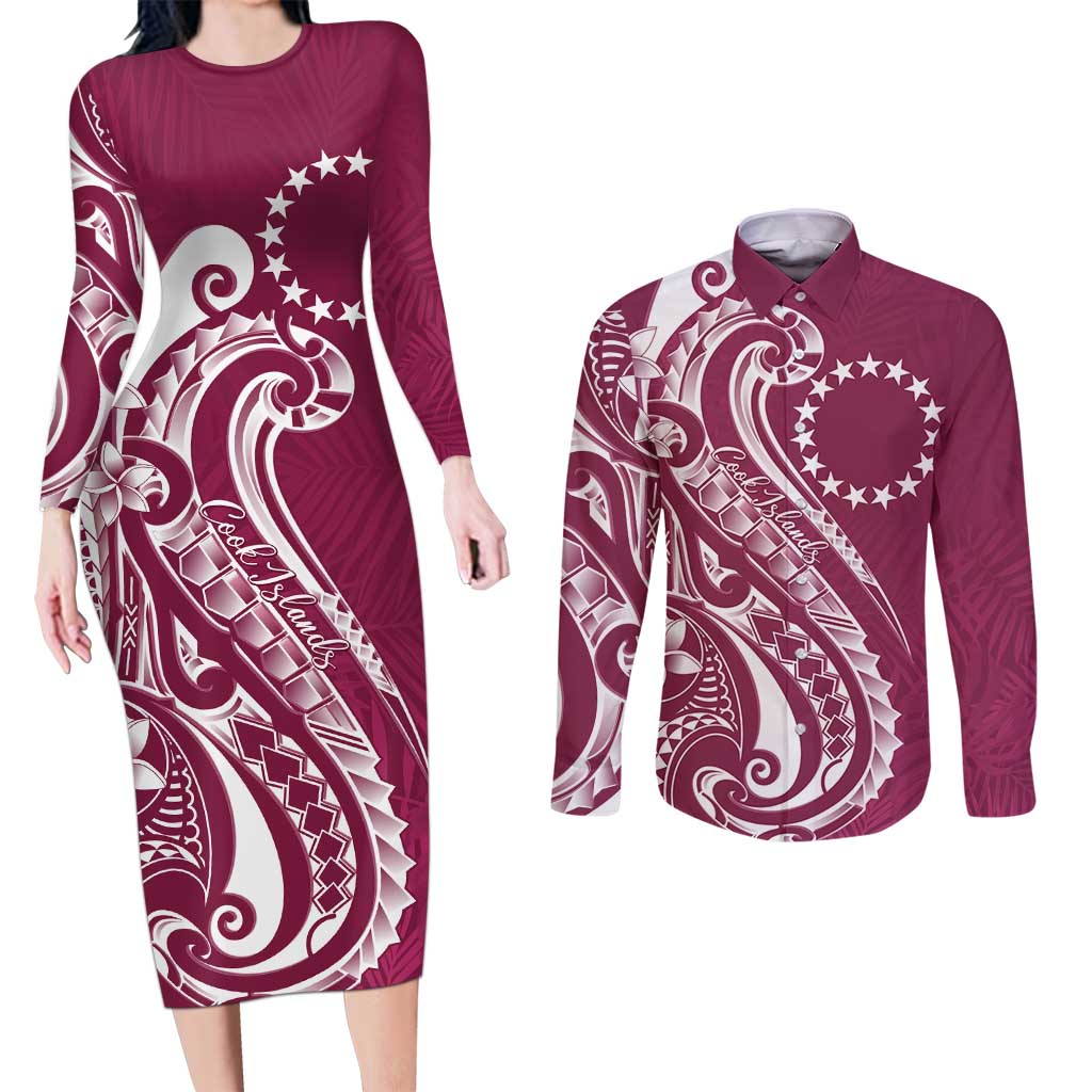 Kia Orana Cook Islands Couples Matching Long Sleeve Bodycon Dress and Long Sleeve Button Shirt Maroon Plumeria Tropical Waves LT7 Maroon - Polynesian Pride
