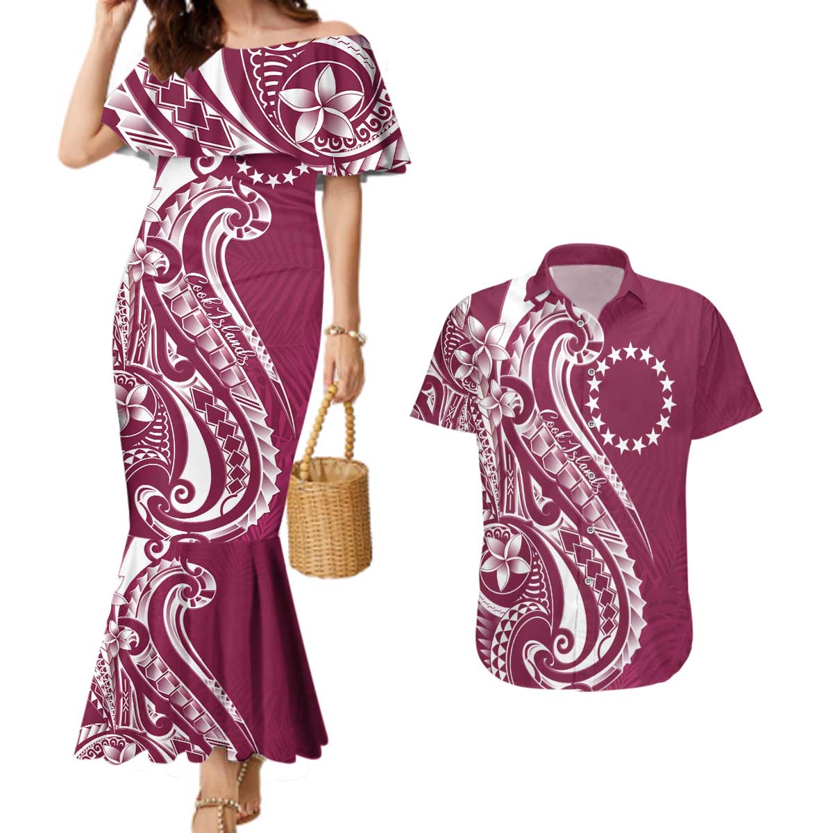 Kia Orana Cook Islands Couples Matching Mermaid Dress and Hawaiian Shirt Maroon Plumeria Tropical Waves - Polynesian Pride