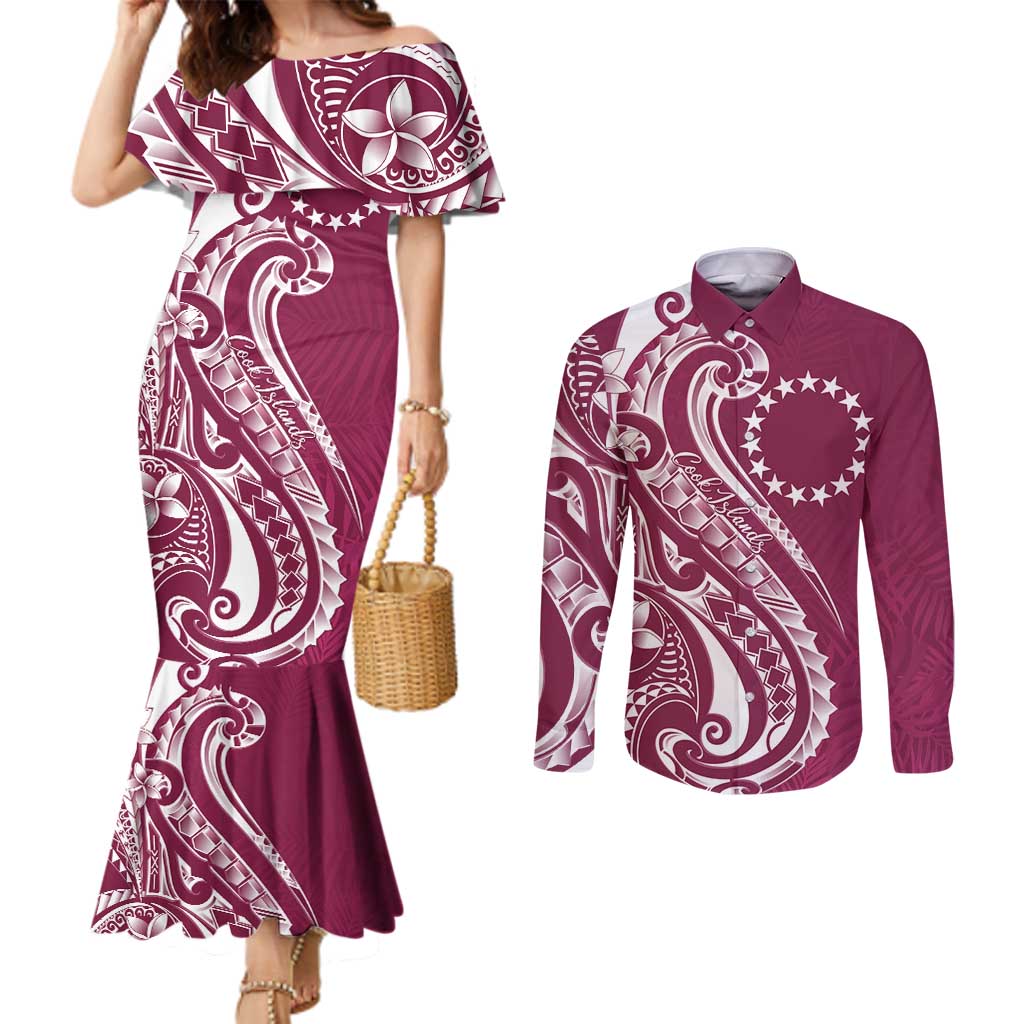 Kia Orana Cook Islands Couples Matching Mermaid Dress and Long Sleeve Button Shirt Maroon Plumeria Tropical Waves LT7 Maroon - Polynesian Pride