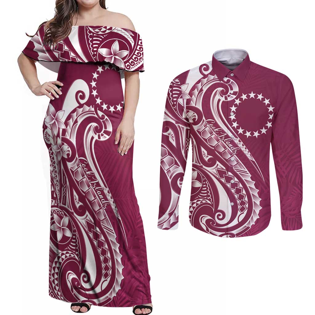 Kia Orana Cook Islands Couples Matching Off Shoulder Maxi Dress and Long Sleeve Button Shirt Maroon Plumeria Tropical Waves LT7 Maroon - Polynesian Pride