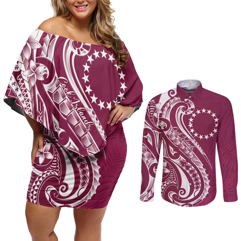 Kia Orana Cook Islands Couples Matching Off Shoulder Short Dress and Long Sleeve Button Shirt Maroon Plumeria Tropical Waves LT7 Maroon - Polynesian Pride