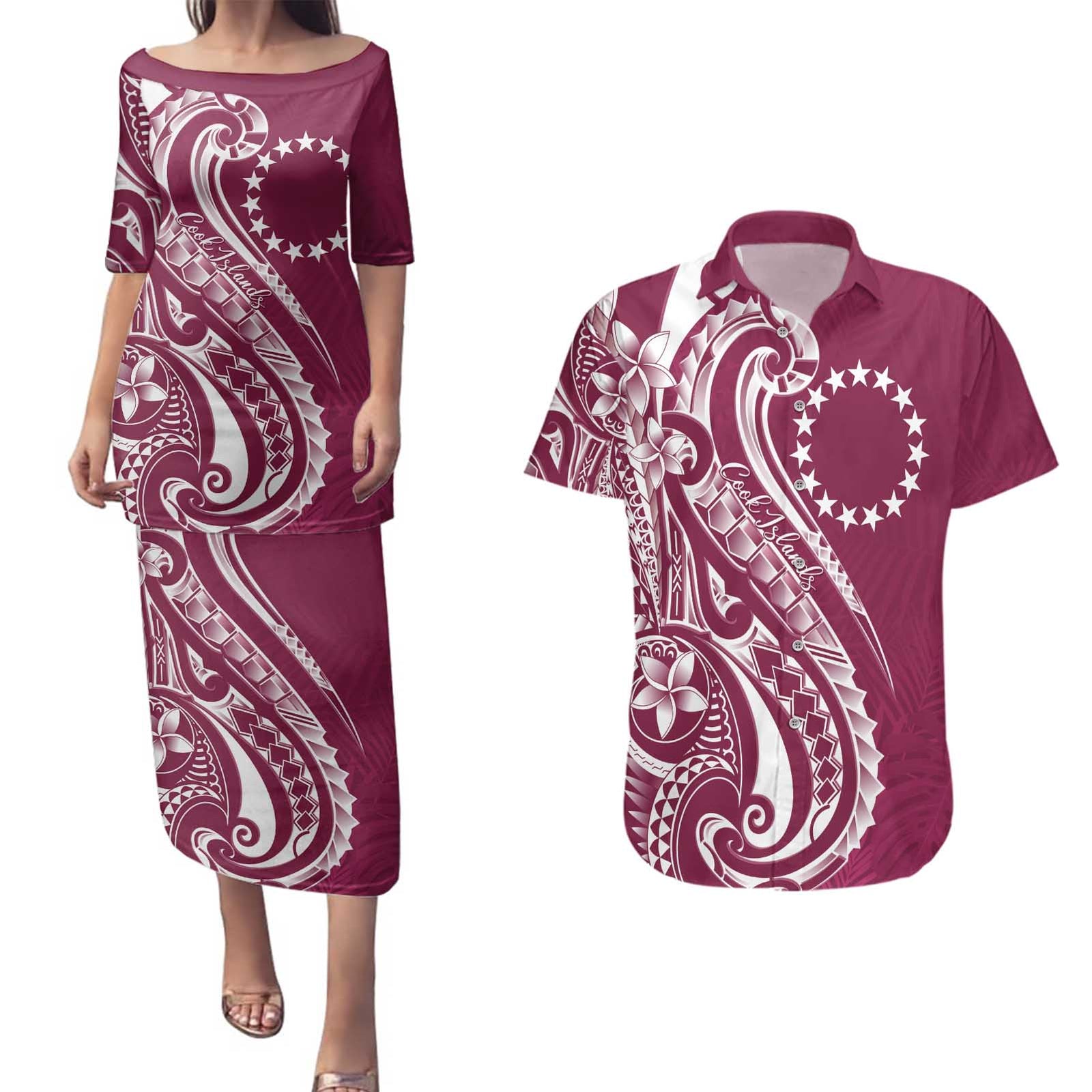 Kia Orana Cook Islands Couples Matching Puletasi and Hawaiian Shirt Maroon Plumeria Tropical Waves LT7 Maroon - Polynesian Pride