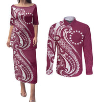 Kia Orana Cook Islands Couples Matching Puletasi and Long Sleeve Button Shirt Maroon Plumeria Tropical Waves LT7 Maroon - Polynesian Pride