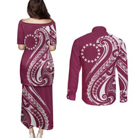 Kia Orana Cook Islands Couples Matching Puletasi and Long Sleeve Button Shirt Maroon Plumeria Tropical Waves LT7 - Polynesian Pride