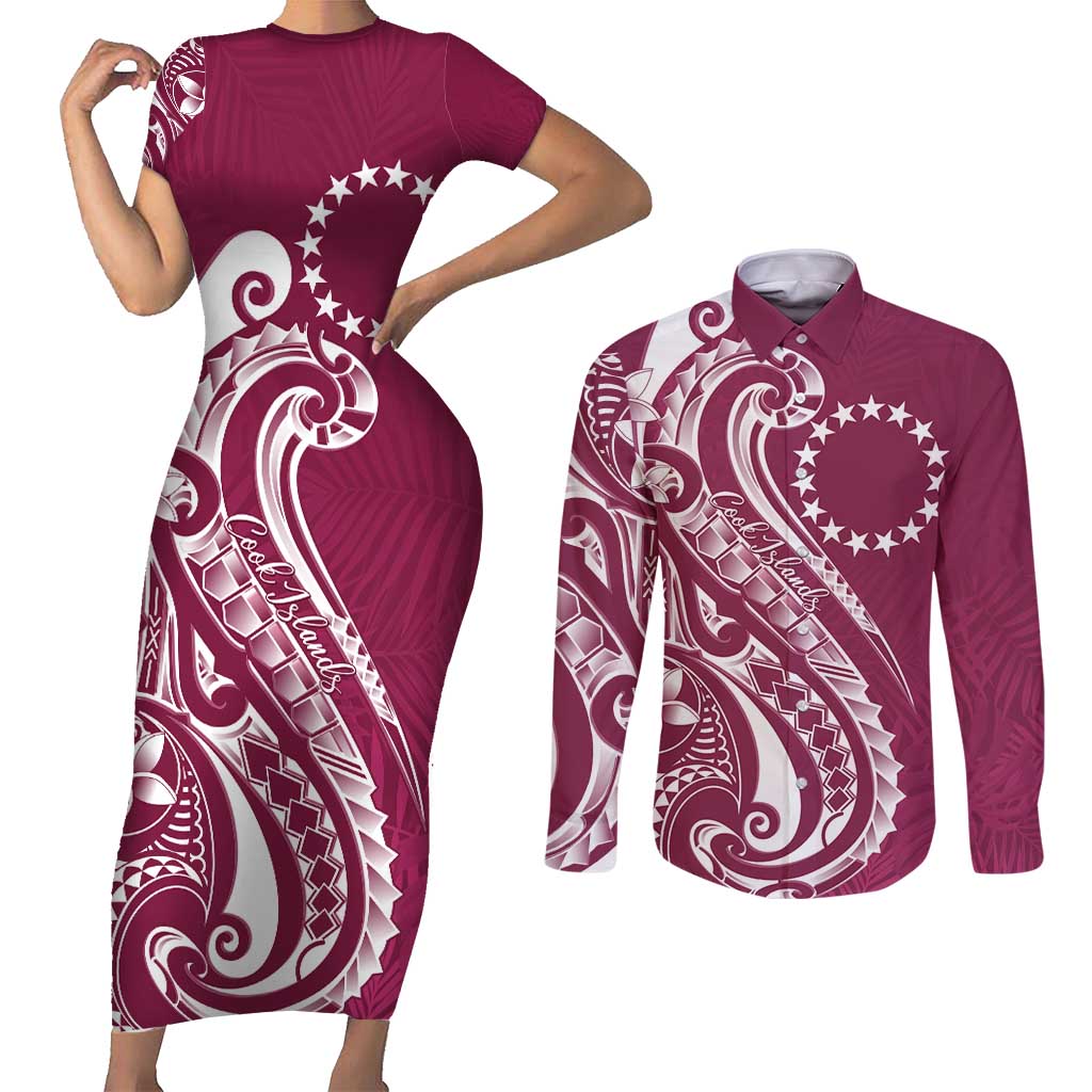 Kia Orana Cook Islands Couples Matching Short Sleeve Bodycon Dress and Long Sleeve Button Shirt Maroon Plumeria Tropical Waves LT7 Maroon - Polynesian Pride