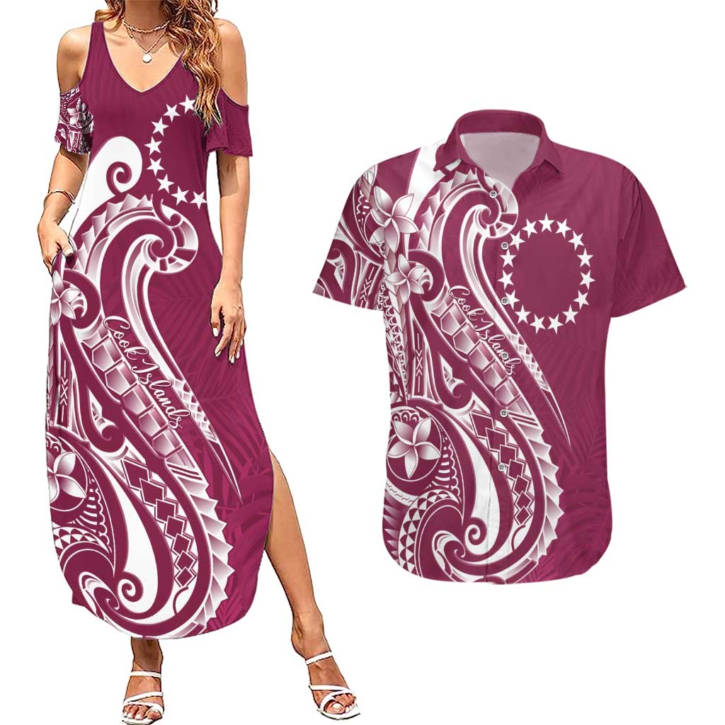 Kia Orana Cook Islands Couples Matching Summer Maxi Dress and Hawaiian Shirt Maroon Plumeria Tropical Waves LT7 Maroon - Polynesian Pride