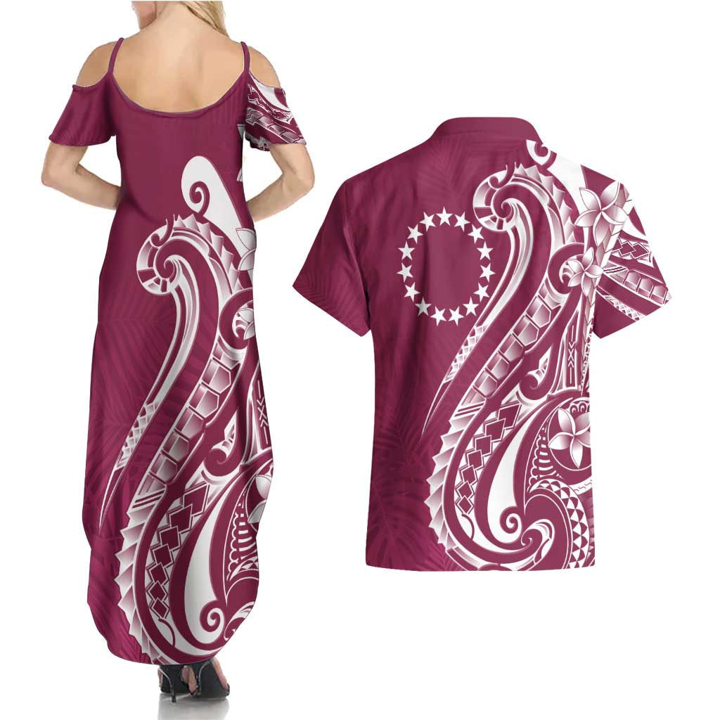 Kia Orana Cook Islands Couples Matching Summer Maxi Dress and Hawaiian Shirt Maroon Plumeria Tropical Waves - Polynesian Pride