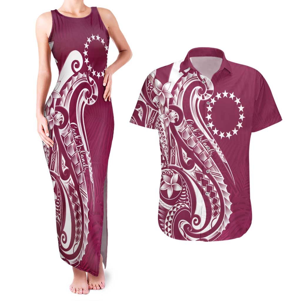 Kia Orana Cook Islands Couples Matching Tank Maxi Dress and Hawaiian Shirt Maroon Plumeria Tropical Waves LT7 Maroon - Polynesian Pride