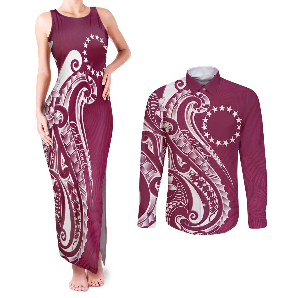 Kia Orana Cook Islands Couples Matching Tank Maxi Dress and Long Sleeve Button Shirt Maroon Plumeria Tropical Waves LT7 Maroon - Polynesian Pride