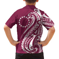 Kia Orana Cook Islands Family Matching Off The Shoulder Long Sleeve Dress and Hawaiian Shirt Maroon Plumeria Tropical Waves - Polynesian Pride
