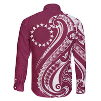 Kia Orana Cook Islands Family Matching Off The Shoulder Long Sleeve Dress and Hawaiian Shirt Maroon Plumeria Tropical Waves - Polynesian Pride