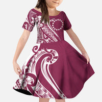 Kia Orana Cook Islands Kid Short Sleeve Dress Maroon Plumeria Tropical Waves - Polynesian Pride
