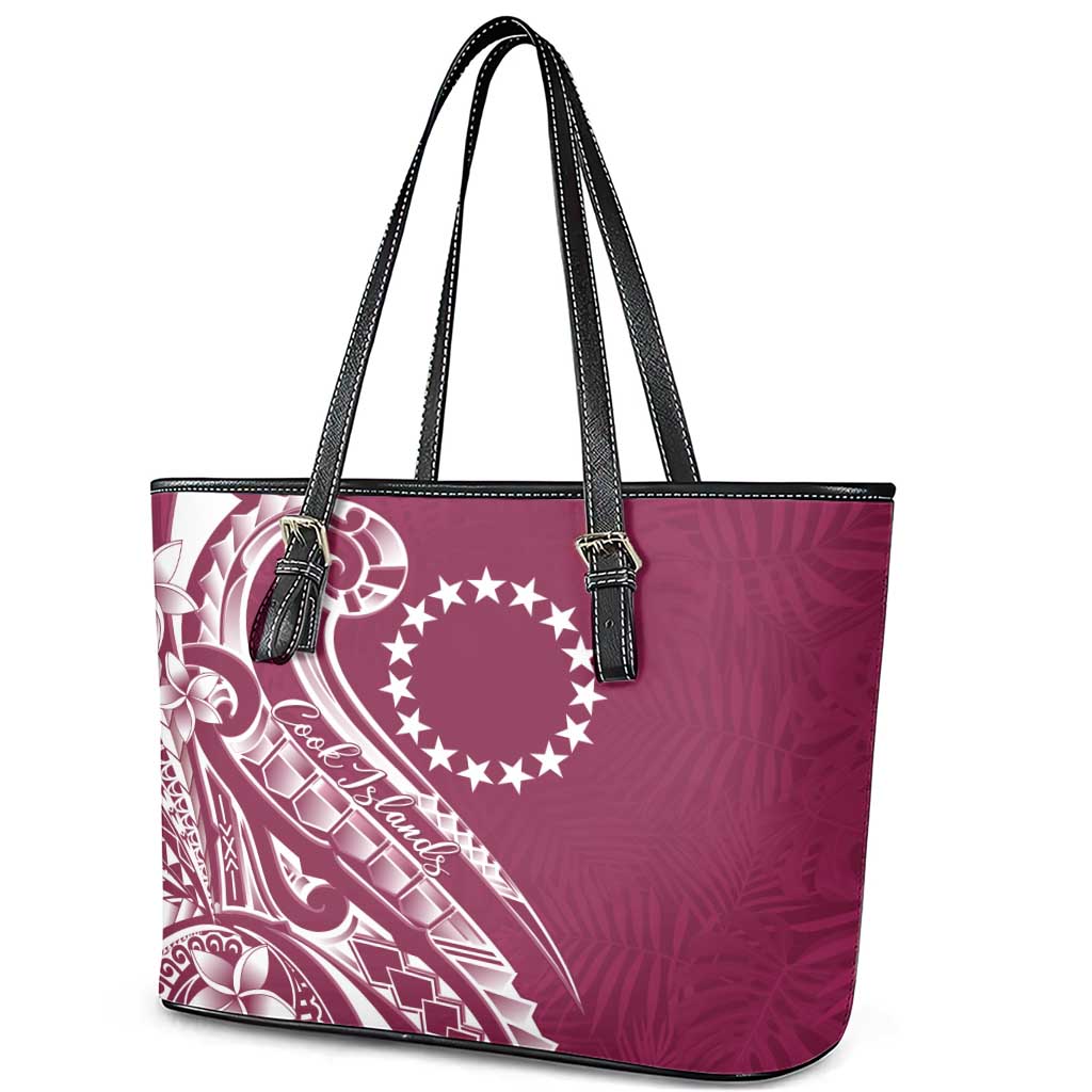 Kia Orana Cook Islands Leather Tote Bag Maroon Plumeria Tropical Waves - Polynesian Pride