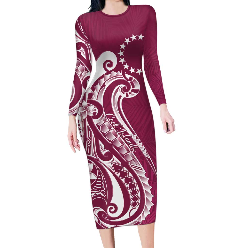 Kia Orana Cook Islands Long Sleeve Bodycon Dress Maroon Plumeria Tropical Waves - Polynesian Pride