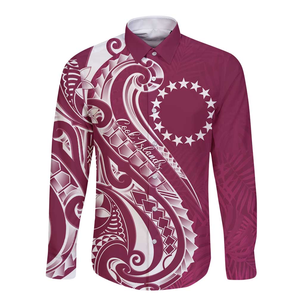 Kia Orana Cook Islands Long Sleeve Button Shirt Maroon Plumeria Tropical Waves LT7 Unisex Maroon - Polynesian Pride