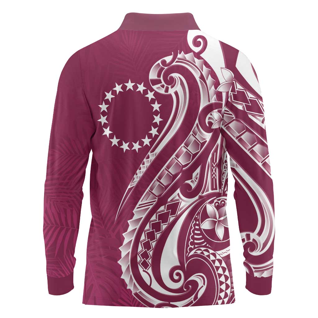 Kia Orana Cook Islands Long Sleeve Polo Shirt Maroon Plumeria Tropical Waves - Polynesian Pride