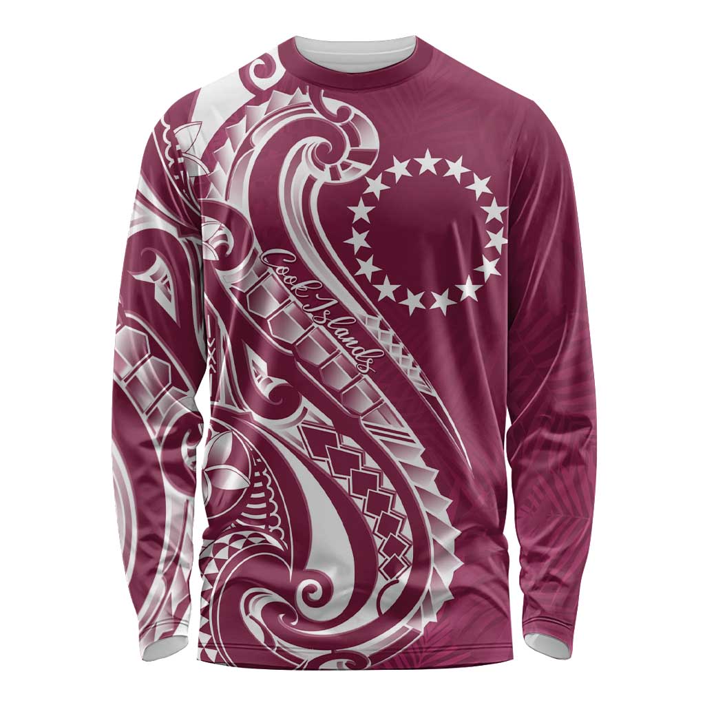 Kia Orana Cook Islands Long Sleeve Shirt Maroon Plumeria Tropical Waves LT7 Unisex Maroon - Polynesian Pride