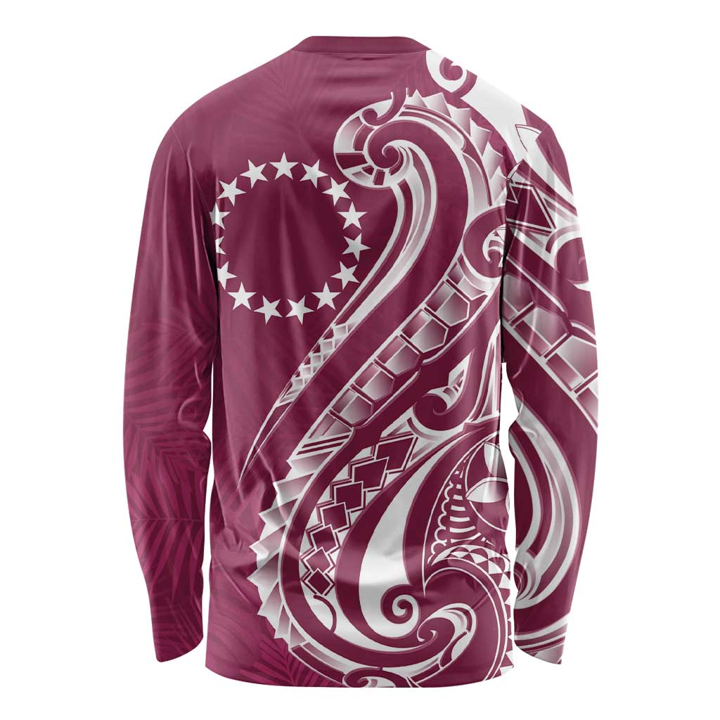 Kia Orana Cook Islands Long Sleeve Shirt Maroon Plumeria Tropical Waves LT7 - Polynesian Pride