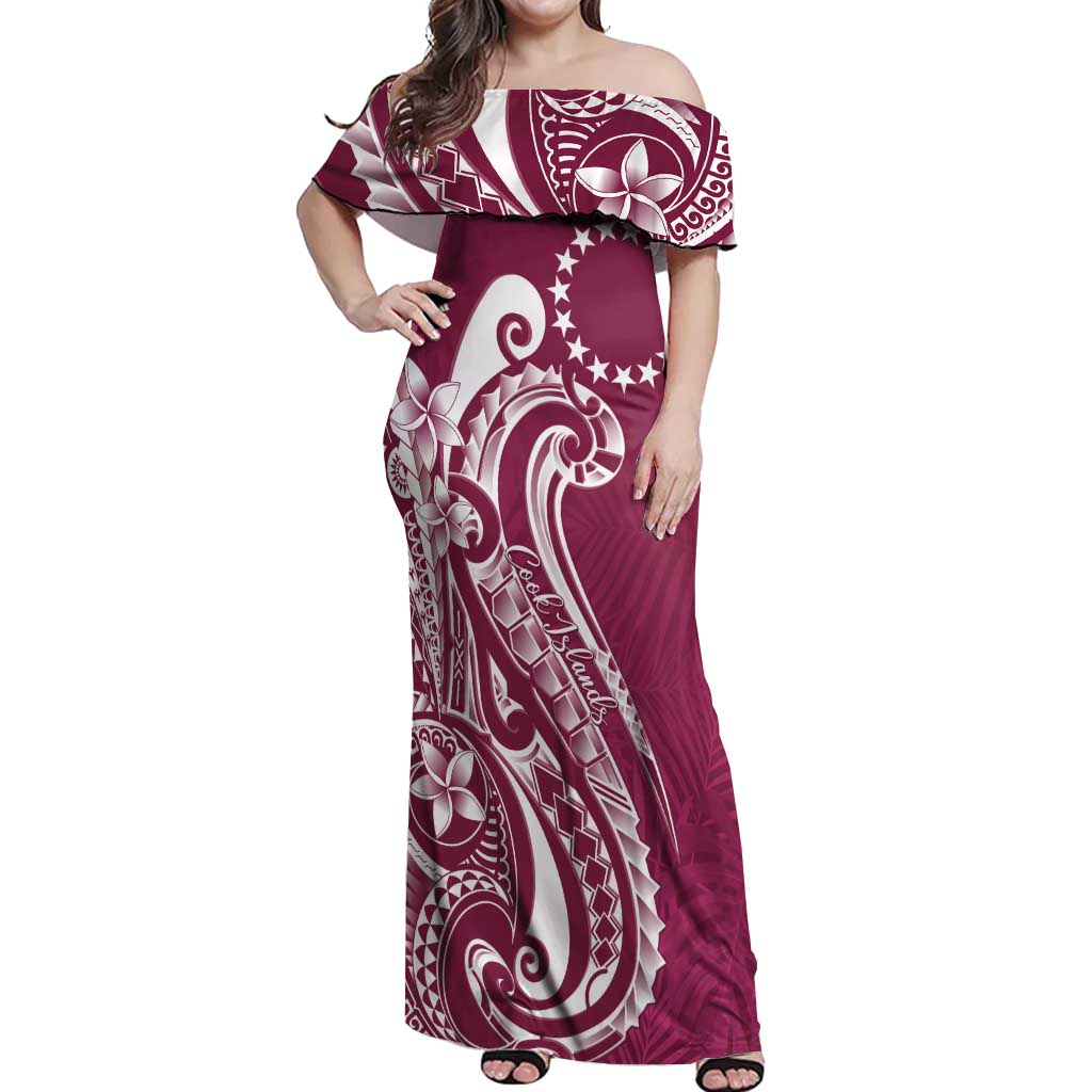 Kia Orana Cook Islands Off Shoulder Maxi Dress Maroon Plumeria Tropical Waves - Polynesian Pride