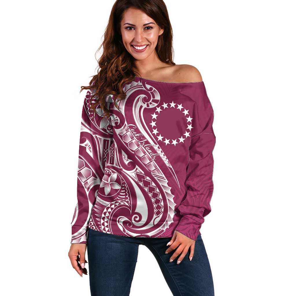 Kia Orana Cook Islands Off Shoulder Sweater Maroon Plumeria Tropical Waves - Polynesian Pride