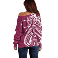 Kia Orana Cook Islands Off Shoulder Sweater Maroon Plumeria Tropical Waves - Polynesian Pride