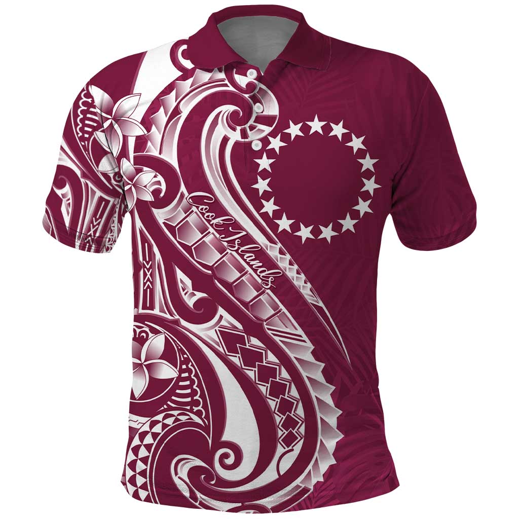 Kia Orana Cook Islands Polo Shirt Maroon Plumeria Tropical Waves - Polynesian Pride