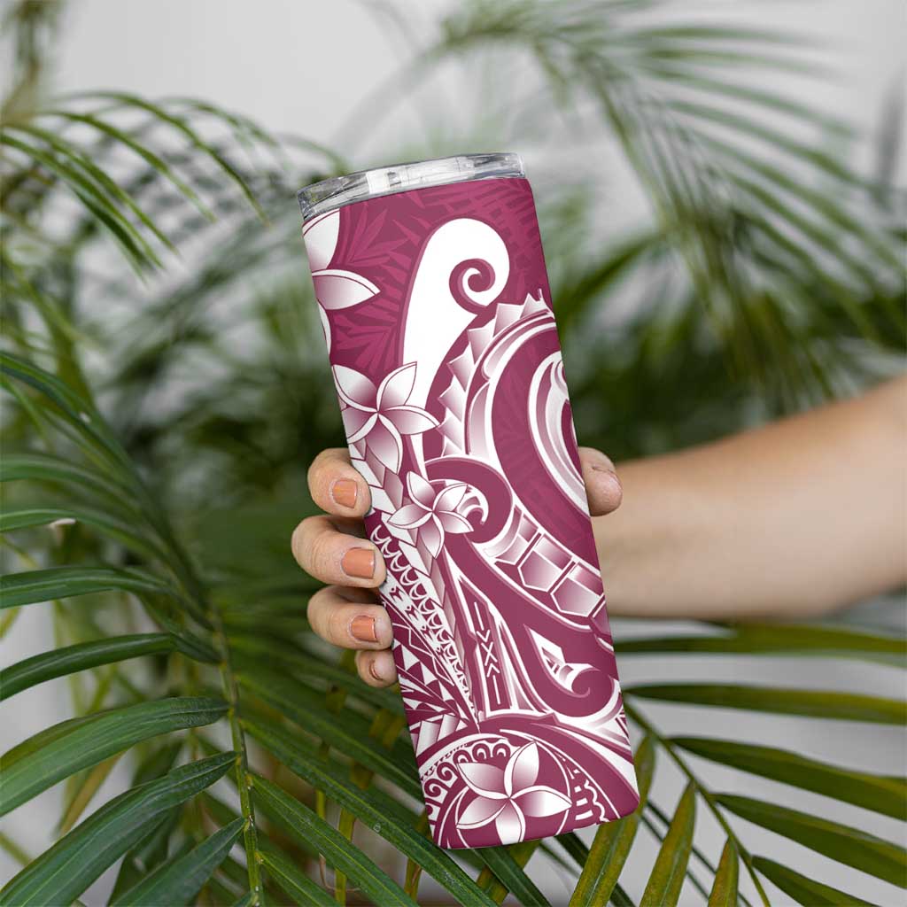Kia Orana Cook Islands Skinny Tumbler Maroon Plumeria Tropical Waves - Polynesian Pride