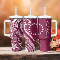 Kia Orana Cook Islands Tumbler With Handle Maroon Plumeria Tropical Waves - Polynesian Pride