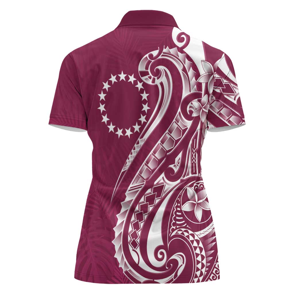 Kia Orana Cook Islands Women Polo Shirt Maroon Plumeria Tropical Waves - Polynesian Pride