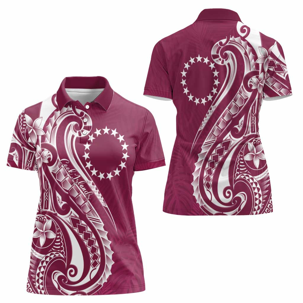Kia Orana Cook Islands Women Polo Shirt Maroon Plumeria Tropical Waves - Polynesian Pride