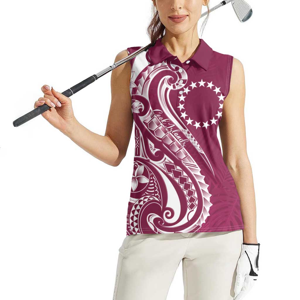 Kia Orana Cook Islands Women Sleeveless Polo Shirt Maroon Plumeria Tropical Waves - Polynesian Pride