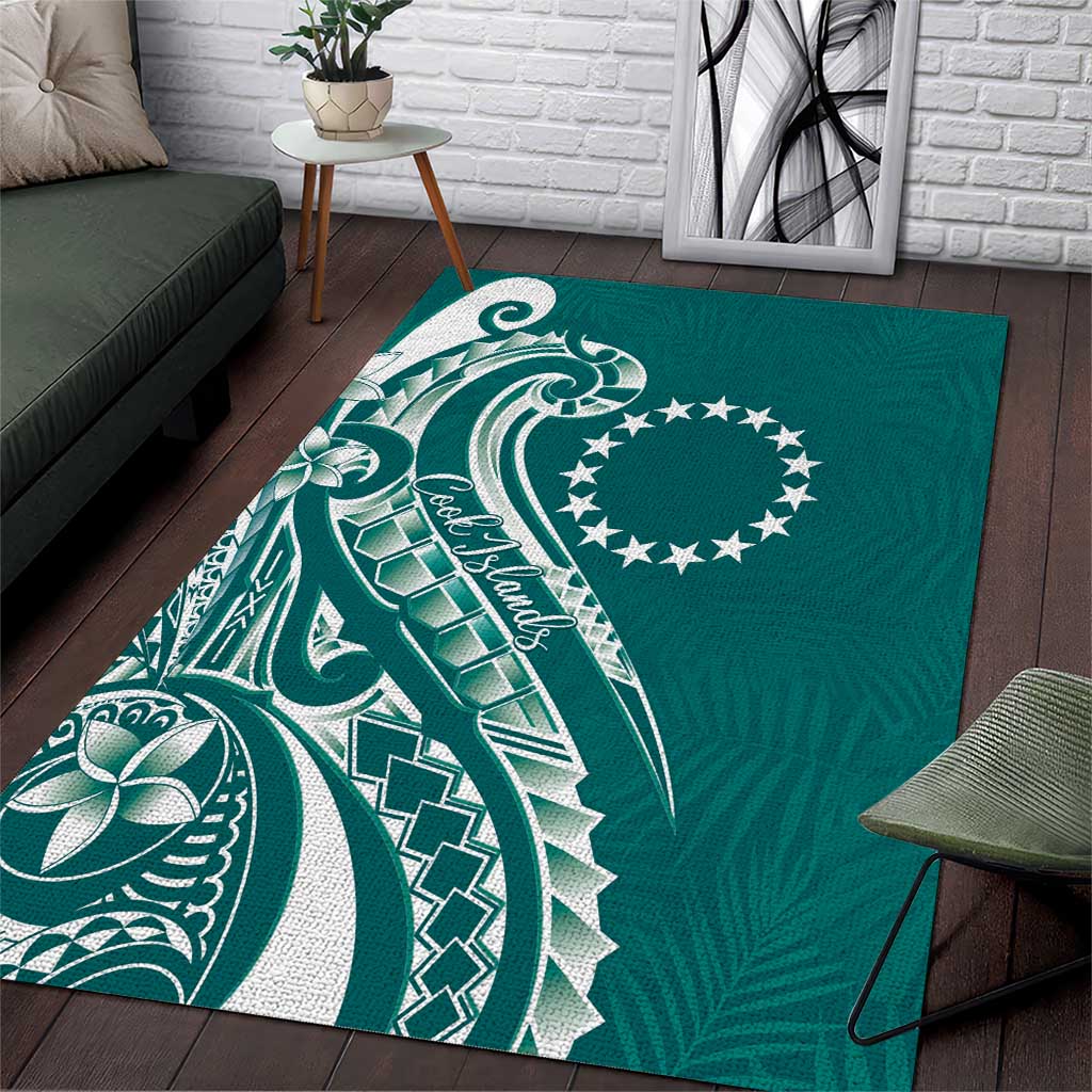 Kia Orana Cook Islands Area Rug Teal Plumeria Tropical Waves - Polynesian Pride