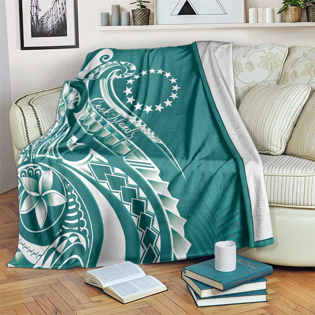 Kia Orana Cook Islands Blanket Teal Plumeria Tropical Waves - Polynesian Pride