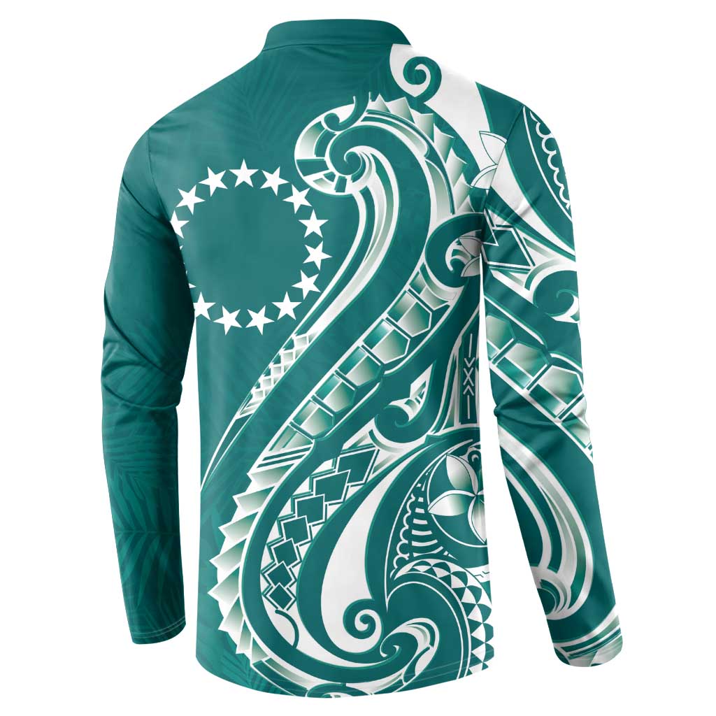 Kia Orana Cook Islands Button Sweatshirt Teal Plumeria Tropical Waves LT7 - Polynesian Pride