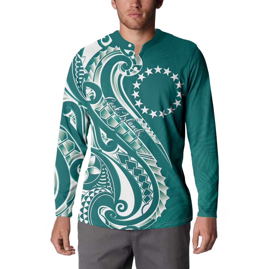 Kia Orana Cook Islands Button Sweatshirt Teal Plumeria Tropical Waves LT7 - Polynesian Pride