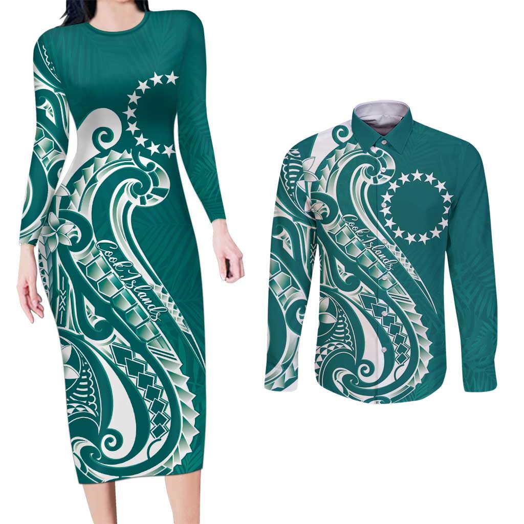 Kia Orana Cook Islands Couples Matching Long Sleeve Bodycon Dress and Long Sleeve Button Shirt Teal Plumeria Tropical Waves LT7 Teal - Polynesian Pride