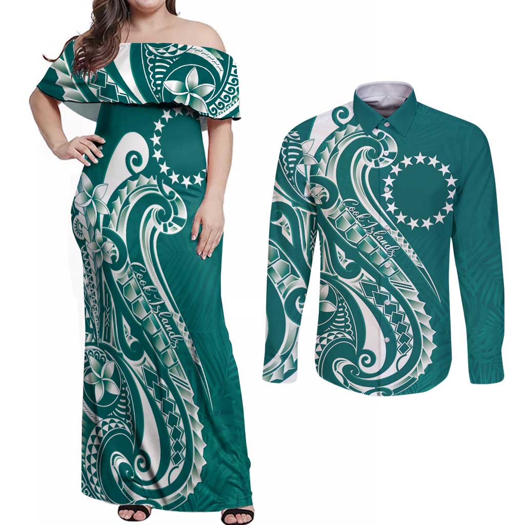 Kia Orana Cook Islands Couples Matching Off Shoulder Maxi Dress and Long Sleeve Button Shirt Teal Plumeria Tropical Waves LT7 Teal - Polynesian Pride