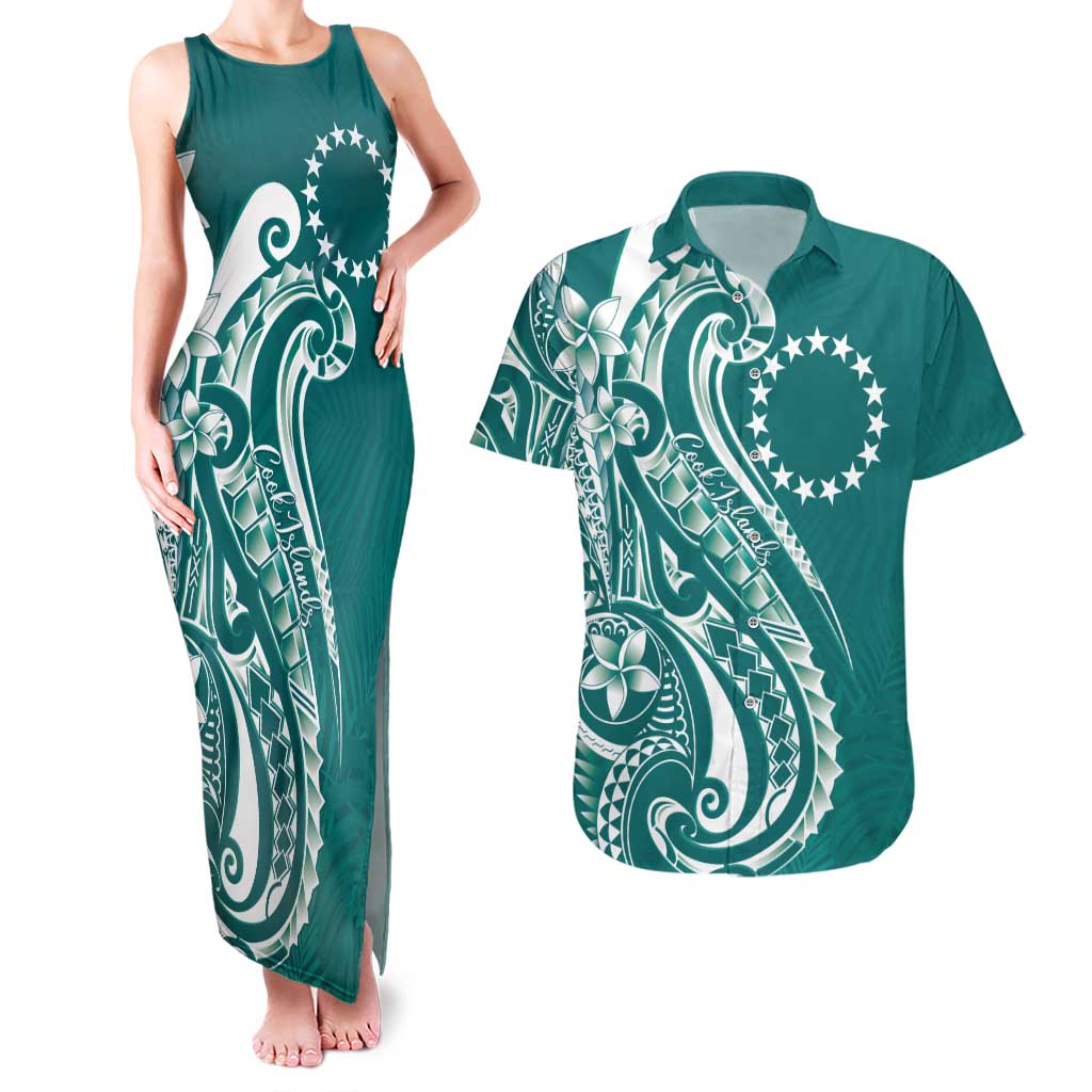 Kia Orana Cook Islands Couples Matching Tank Maxi Dress and Hawaiian Shirt Teal Plumeria Tropical Waves LT7 Teal - Polynesian Pride