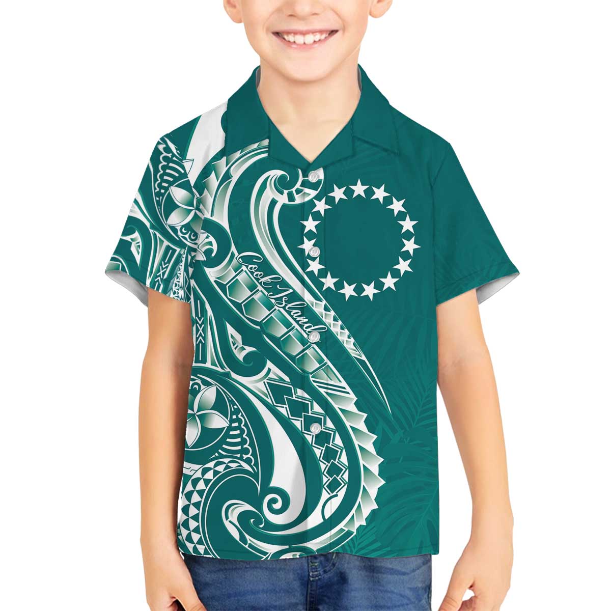 Kia Orana Cook Islands Family Matching Off The Shoulder Long Sleeve Dress and Hawaiian Shirt Teal Plumeria Tropical Waves - Polynesian Pride
