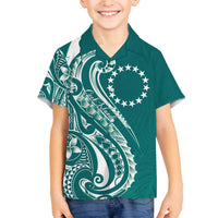Kia Orana Cook Islands Family Matching Off The Shoulder Long Sleeve Dress and Hawaiian Shirt Teal Plumeria Tropical Waves - Polynesian Pride