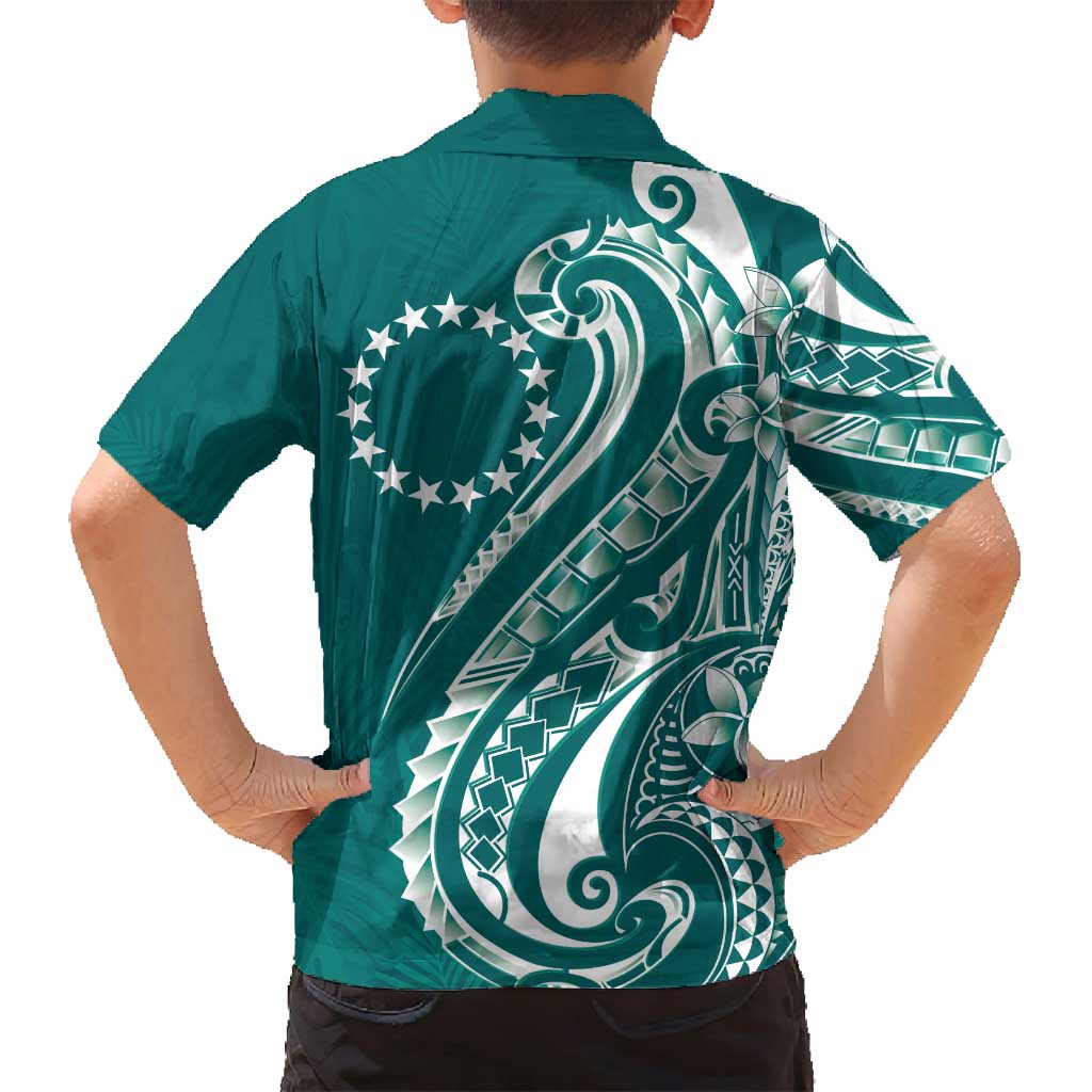 Kia Orana Cook Islands Family Matching Off Shoulder Maxi Dress and Hawaiian Shirt Teal Plumeria Tropical Waves - Polynesian Pride