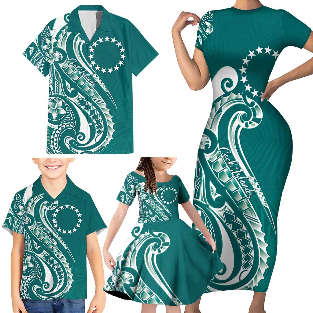 Kia Orana Cook Islands Family Matching Short Sleeve Bodycon Dress and Hawaiian Shirt Teal Plumeria Tropical Waves LT7 - Polynesian Pride