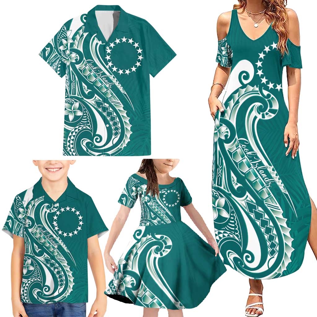 Kia Orana Cook Islands Family Matching Summer Maxi Dress and Hawaiian Shirt Teal Plumeria Tropical Waves LT7 - Polynesian Pride