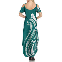 Kia Orana Cook Islands Family Matching Summer Maxi Dress and Hawaiian Shirt Teal Plumeria Tropical Waves - Polynesian Pride