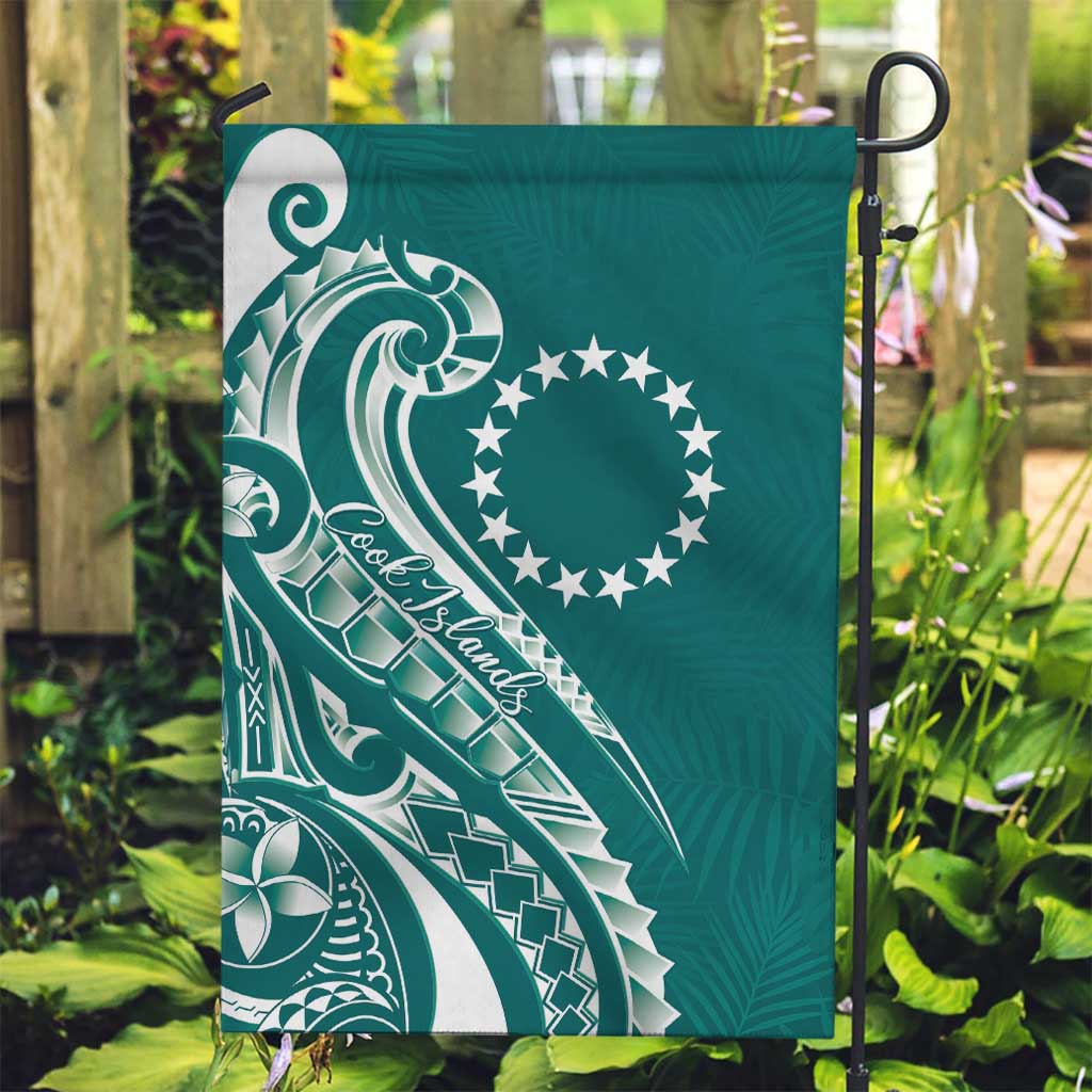 Kia Orana Cook Islands Garden Flag Teal Plumeria Tropical Waves - Polynesian Pride